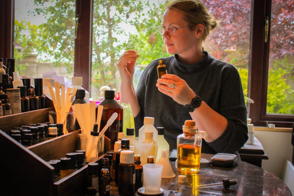 Emma Fallon Perfumer & Founder Emma's So Naturals creating a new essential oil blend.